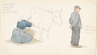Study magazine with girl milking a cow, t.h.standing farmer. by P. C. Skovgaard