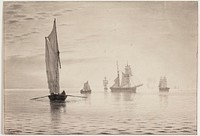 Ships in calm weather on the lake by Vilhelm Kyhn