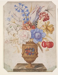 Flowers in a gilt vase with the Holstein-Gottorp coat of arms. by Maria Sibylla Merian