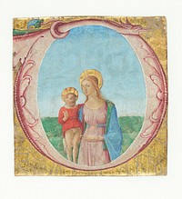 Ornamented initial O, in which i.a.includes a dragon head.In the initial a standing Madonna with child in landscape.Fragment of miniature manuscript.   by unknown