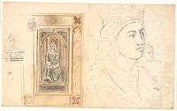 A seated female figure, placed in a Gothic frame.A crowned head, etc. by Dankvart Dreyer