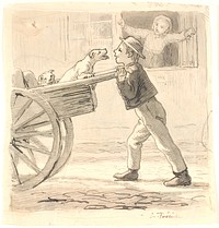 A boy pushes a cart with dogs by Lorenz Frølich