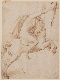 A naked rider in profile t.h.with a sword in the outstretched right hand by Nicolò Dell Abate