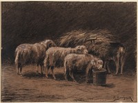 A couple of sheep and a ram in a stable by Rosa Bonheur