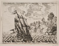 Danish warship on a rocky coast by Poul Isac Grønvold