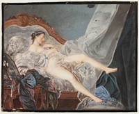 A naked girl, lying on her back on a canapé between large draperies by Jacques Charlier