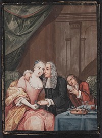Conversation piece; An elderly gentleman in black clothing with a long wig puts his arm lovingly around a young girl's neck, while at the same time placing a full purse in her lap. She seems willing for the deal to be concluded. In the background a figure in a red coat by Danker