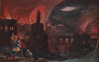 The fire of Troy.A river cuts through the burning city.T. h. in the foreground Aeneas, carrying his father Anchises, beside his son Ascanius;afterwards other fleeing people follow by Friedrich Brentel