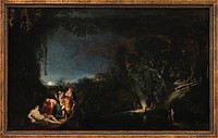 Moonlight landscape with mythological (?) motif by Moyses Van Wtenbrouck