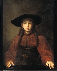 A young woman with her hands resting on the picture frame by Rembrandt van Rijn