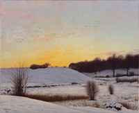 Snow landscape with a hill. Sunset by Adolph Larsen