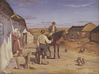 A stranger asks for directions in the farmhouse on the heath by Hans Smidth