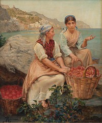 Italian girls with tomatoes in baskets by Kristian Zahrtmann