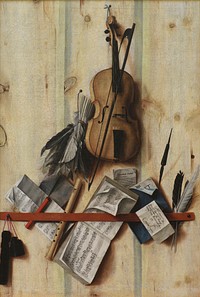 Trompe l'oeil with violin, sheet music and recorder by Cornelis Norbertus Gysbrechts