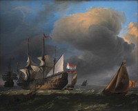 Navy with Dutch warships and fishing boats by Ludolf Bakhuizen