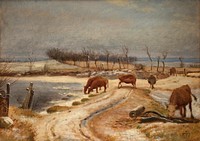 The young cattle are watered on a winter day by Johan Thomas Lundbye