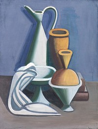 Arrangement with watering can, towel and jars by Vilhelm Lundstrøm