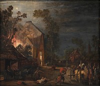 A village is looted at night by Esaias Van De Velde