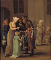 Street scene in Copenhagen around the year 1800. The Whipped Jew sells lace to a young girl by unknown