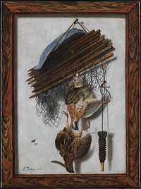 Trompe l'oeil.Framed picture with dead game birds and bird netting hanging on a wall by Jacob Biltius