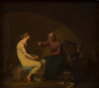 The robber gang's housekeeper comforts the young girl by telling the myth of Cupid and Psyche. Motif from Apuleius: The golden donkey by Nicolai Abildgaard