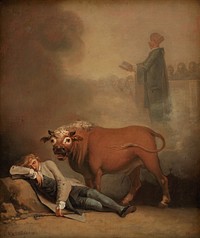 Niels Klim thinks he hears the clerk in Fane Kirke when he wakes up on the underground planet to the roar of a bull by Nicolai Abildgaard