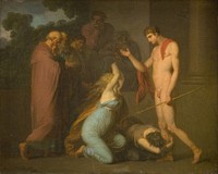 Oedipus' daughters Ismene and Antigone beg Theseus to show them the place where their father is buried by Nicolai Abildgaard