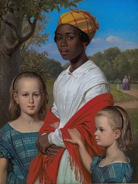 Portrait of Otto Marstrand's two Daughters and their West-Indian Nanny, Justina Antoine, in the Frederiksberg Gardens near Copenhagen by Wilhelm Marstrand