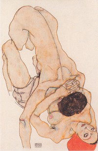 Lesbisches Liebespaar (1914) lesbian lovers watercolor by Egon Schiele.