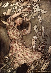 "At this the whole pack rose up into the air, and came flying down upon her" from a 1907 edition of Alice's Adventures in Wonderland illustrated by Arthur Rackham.