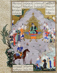 Folio from Shah Tahmasp's Shahnameh: Gushtasp proves his archery before Caesar (1525-1530) watercolor by Abd al-'Aziz.