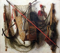 Still life with hunting weapons and devices (1669) oil painting by Johannes Leemans.