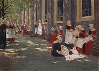 The Courtyard of the Orphanage in Amsterdam: Free Period in the Amsterdam Orphanage (1881-1882) impressionism oil painting by Max Liebermann.