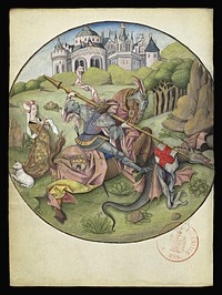 Saint George and the Dragon from the Heures de Charles d'Angoulême (1503-1508) coloured engraving by Israël von Meckenem.