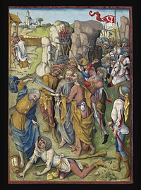 The kiss of Judas Iscariot from the Heures de Charles d'Angoulême (1503-1508) coloured engraving by Israel von Meckenem.