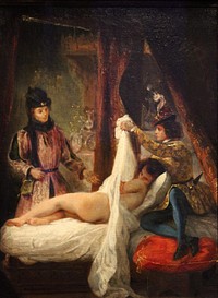 Louis d'Orléans showing his mistress, Louis d'Orléans montrant sa maîtresse (1825) romanticism oil painting by Eugène Delacroix.