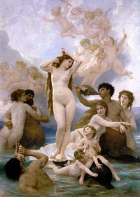 The Birth of Venus (1879) neoclassical oil painting by William-Adolphe Bouguereau.