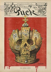 The Russian crown illustration shows a crown in the shape of a human skull against a background of blood dripping into the title area at the bottom (1905) by Carl Hassmann.