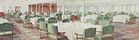 Promotional drawing launched by White Star Line for advertise the First Class facilities on board the new largest steamers in the World: Olympic and Titanic. This postcard depict the First Class dining room on board the both liners (1910-1911) 