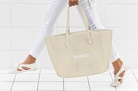 Beige tote bag mockup, editable apparel design psd