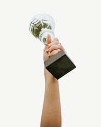 Hand holding trophy collage element psd