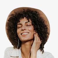 Woman listening to music isolated image