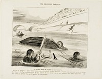 A New Way to Float Down the River of Life. - Radiguet you rascal, to hell with you, your boat and your new invention.... it is your fault that the entire outing went down the drain. - Come, come now.... no reason to scream hell. I am just angry about my boot-maker... since my shoes are being filled with water coming from the holes in the pockets of my pants., plate 3 from Les Canotiers Parisiens by Honoré-Victorin Daumier