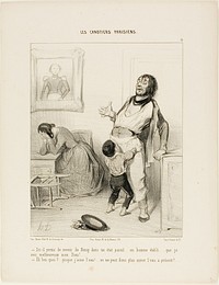 “- It really shouldn't be allowed to return from Bercy in a state like this.... an established man like you.... I am so unhappy, my God! - What's wrong?...after all, I like the water.... am I not allowed to like the water anymore?,” plate 4 from Les Canotiers Parisiens by Honoré-Victorin Daumier