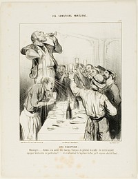 A Reception. “Gentlemen..... let's drink to the health of the French sailors in general and to the new teammate Greluchon in particular!.... and while waiting for his baptism by fire, we'll give him in the meantime one with water,” plate 10 from Les Canotiers Parisiens by Honoré-Victorin Daumier