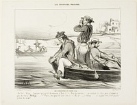 An Encounter in Open Water. “- Hello... down there... Captain.., what's new in Paris? - Nothing new really... still no one goes to the Gaieté or the Ambigu. - Don't you have anything else to tell me? - Oh yes,... I forgot... I hope you like it... shut up!,” plate 11 from Les Canotiers Parisiens by Honoré-Victorin Daumier