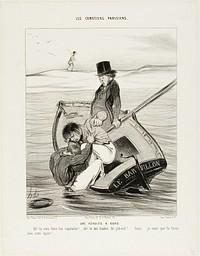 A Revolt On Board. “- Ah! you want to be your own captain!... - Ah! you are treating me like an idiot... hey... I hope the Seine washes away that insult!,” plate 13 from Les Canotiers Parisiens by Honoré-Victorin Daumier