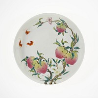 Dish with Fruiting Peaches, Tree Peony, Flowering Plum, and Bats