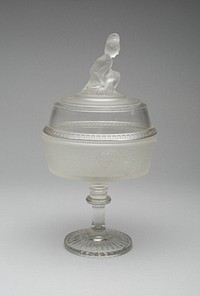 "Westward Ho!/Pioneer" pattern covered compote on pedestal by Gillinder and Sons (Manufacturer)