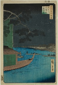 Pine of Success and Oumayagashi at Asakusa River (Asakusagawa shubi no matsu Oumayagashi), from the series "One Hundred Famous Views of Edo (Meisho Edo hyakkei)" by Utagawa Hiroshige